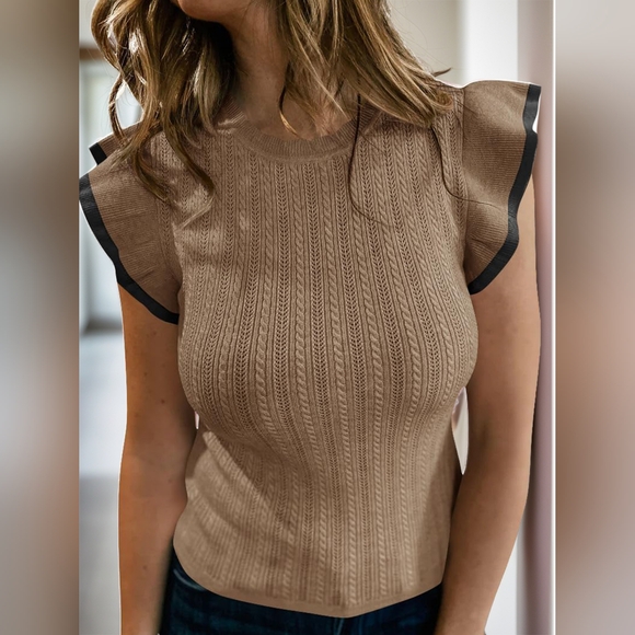 Ruffled Round Neck Cap Sleeve Knit Top - Picture 1 of 5